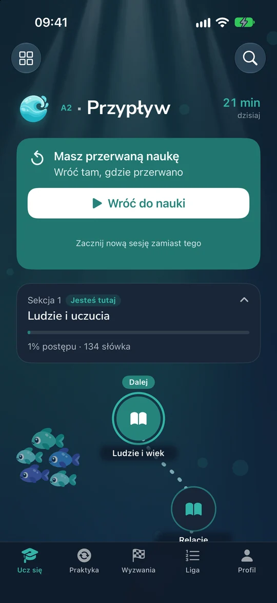 Ekran Ucz się: poziom A2 Przypływ, sekcja Ludzie i uczucia, ścieżka kolejnych rozdziałów.